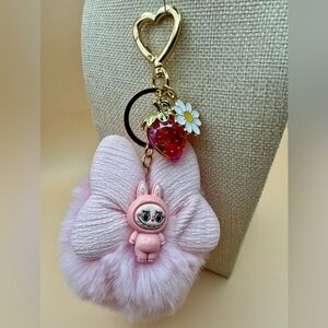 Labubu Pink Powder Puff Keychain Bag Charm with Strawberry and Daisy and Charms